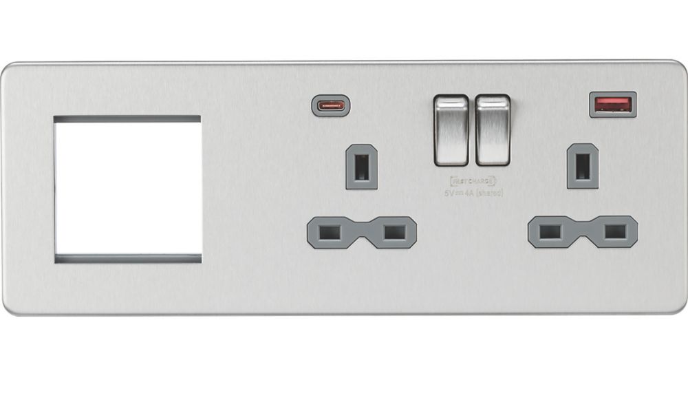 Knightsbridge SFR992RBCG 13A 2-Gang DP Combination Plate + 4.0A 18W 2-Outlet Type A & C USB Charger Brushed Chrome with Colour-Matched Inserts