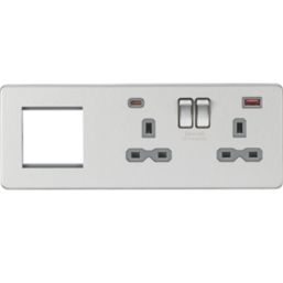 Knightsbridge SFR992RBCG 13A 2-Gang DP Combination Plate + 4.0A 18W 2-Outlet Type A & C USB Charger Brushed Chrome with Colour-Matched Inserts