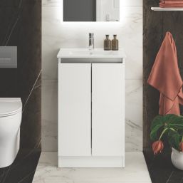 Newland  Double Door Floor Standing Vanity Unit with Basin Gloss White 500mm x 370mm x 840mm