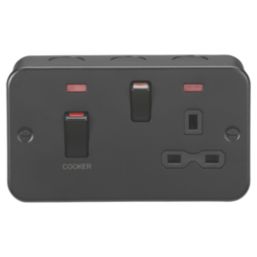 Knightsbridge  45A 2-Gang DP Metal Clad Cooker Switch & 13A DP Switched Socket with Neon with Black Inserts