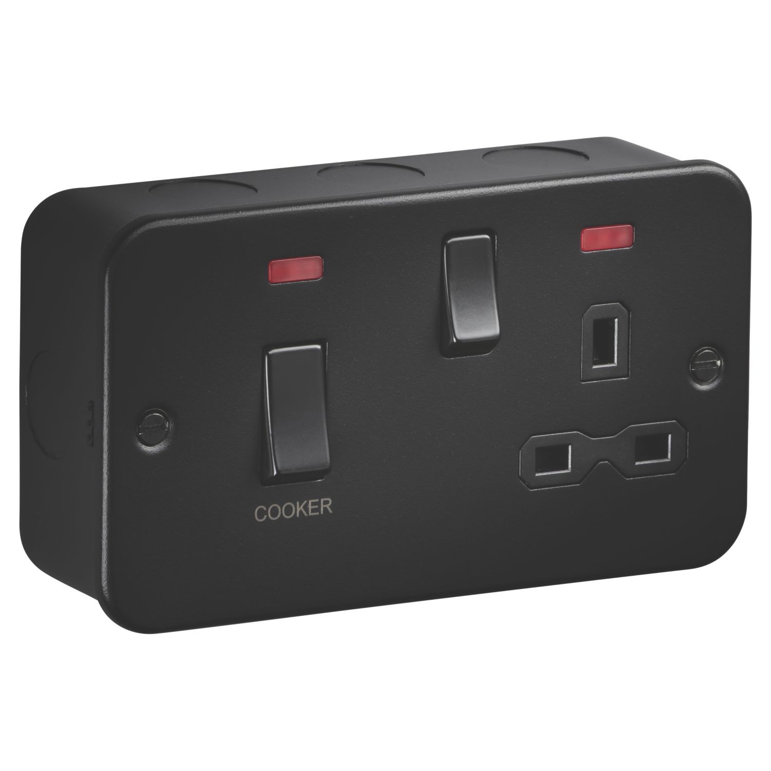Knightsbridge 45A 2-Gang DP Metal Clad Cooker Switch & 13A DP Switched Socket with Neon with Black Inserts (261AM)
