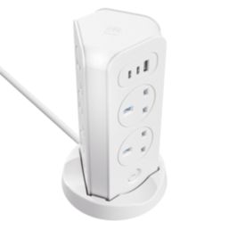 Masterplug 13A 8-Gang Switched Surge-Protected Tower Extension Lead + 3.25A 3-Outlet Type A & C USB Charger Matt White 2m