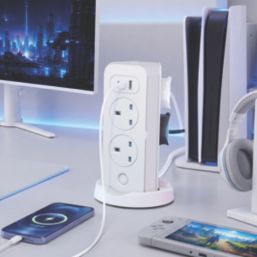 Masterplug 13A 8-Gang Switched Surge-Protected Tower Extension Lead + 3.25A 3-Outlet Type A & C USB Charger Matt White 2m