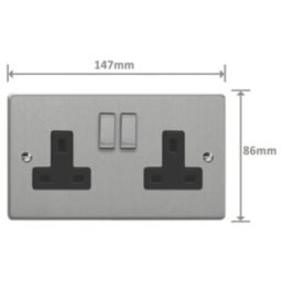 Varilight  13A 2-Gang 2-Pole Switched Socket Brushed Steel  with Black Inserts
