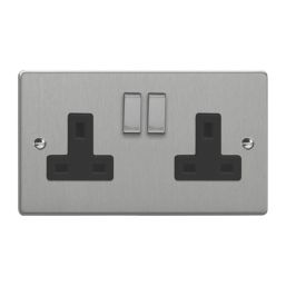 Varilight  13A 2-Gang 2-Pole Switched Socket Brushed Steel  with Black Inserts