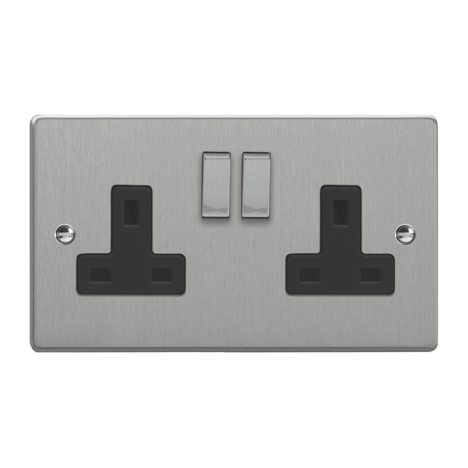 Varilight 13A 2-Gang 2-Pole Switched Socket Brushed Steel with Black Inserts (263EC)