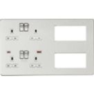 Knightsbridge SFR998BCW 13A 4-Gang DP Combination Plate + 4.0A 18W 2-Outlet Type A & C USB Charger Brushed Chrome with White Inserts