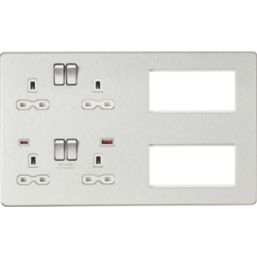 Knightsbridge SFR998BCW 13A 4-Gang DP Combination Plate + 4.0A 18W 2-Outlet Type A & C USB Charger Brushed Chrome with White Inserts