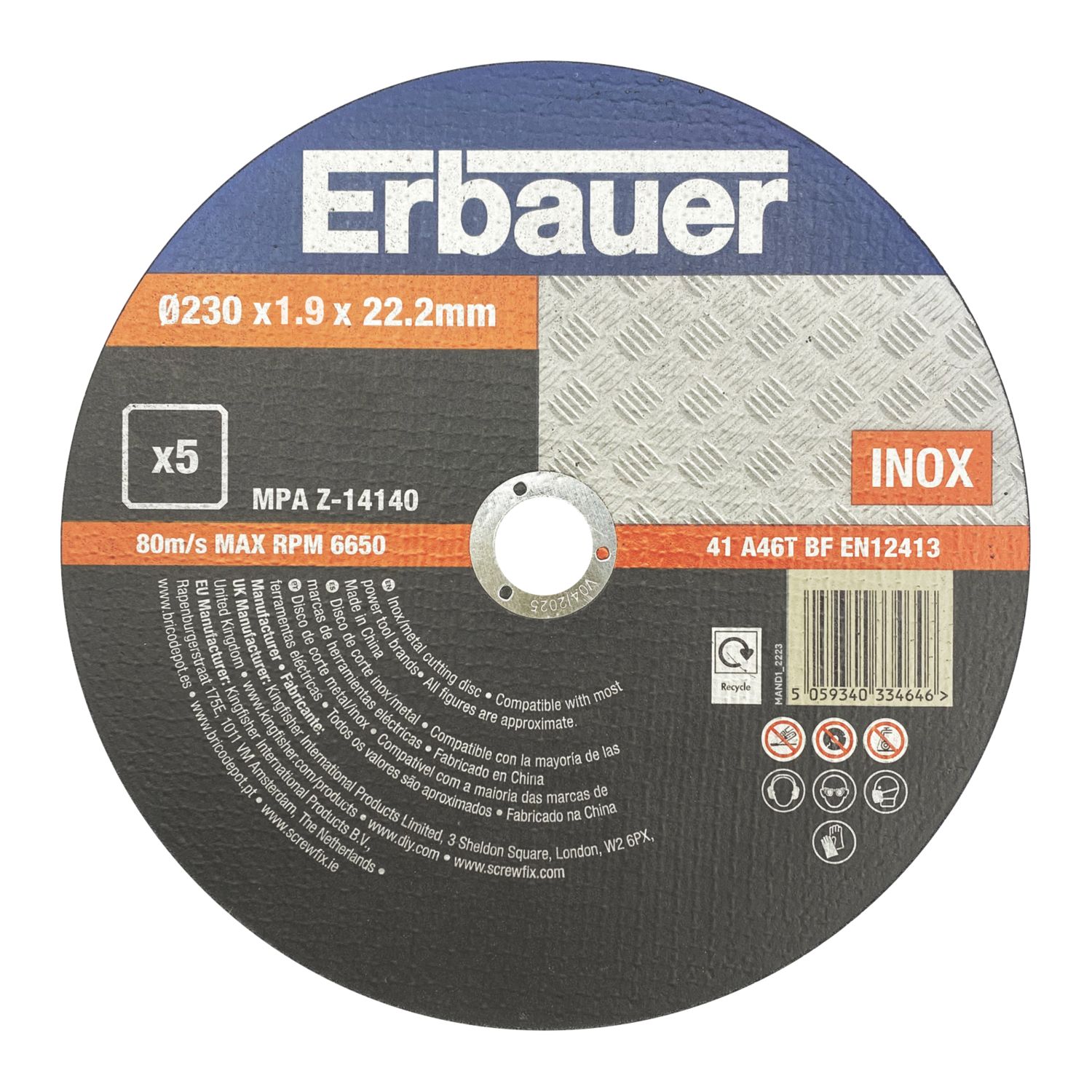 Erbauer Metal Cutting Discs 230mm (9") x 22.2mm 5 Pack (264PH)