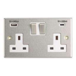 Contactum iConic 13A 2-Gang DP Switched Socket + 4.8A 24W 2-Outlet Type A & C USB Charger Brushed Stainless Steel with White Inserts