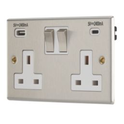 Contactum iConic 13A 2-Gang DP Switched Socket + 4.8A 24W 2-Outlet Type A & C USB Charger Brushed Stainless Steel with White Inserts
