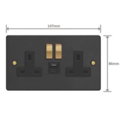 Varilight  13A 2-Gang 1P+N Switched Socket + 4A 20W 2-Outlet Type A & C USB Charger Matt Black with Black Inserts