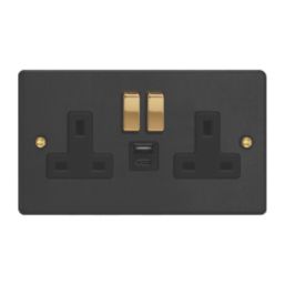Varilight  13A 2-Gang 1P+N Switched Socket + 4A 20W 2-Outlet Type A & C USB Charger Matt Black with Black Inserts