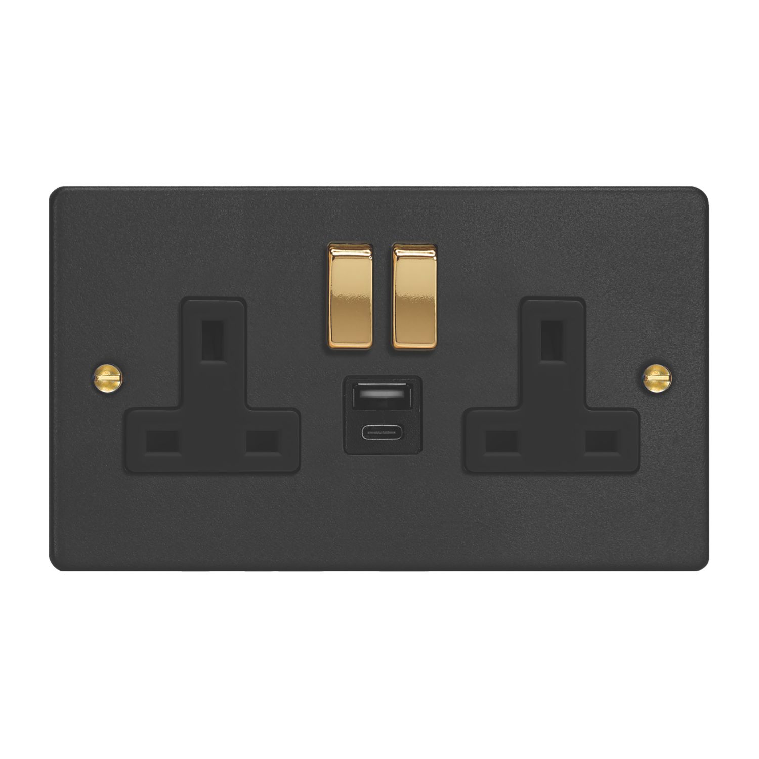 Varilight 13A 2-Gang 1P+N Switched Socket + 4A 20W 2-Outlet Type A & C USB Charger Matt Black with Black Inserts (264YT)
