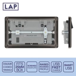LAP  13A 2-Gang SP Switched Socket + 3A 22W 2-Outlet Type A & C USB Charger Black Nickel with Black Inserts