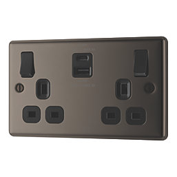LAP  13A 2-Gang SP Switched Socket + 3A 22W 2-Outlet Type A & C USB Charger Black Nickel with Black Inserts