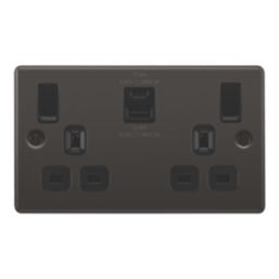 LAP  13A 2-Gang SP Switched Socket + 3A 22W 2-Outlet Type A & C USB Charger Black Nickel with Black Inserts