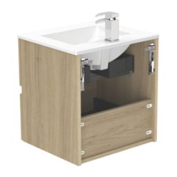 Newland  Double Drawer Wall-Mounted Vanity Unit with Basin Effect Natural Oak 600mm x 450mm x 540mm
