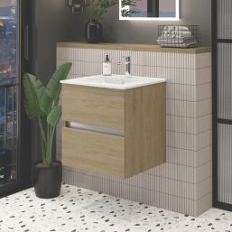 Newland  Double Drawer Wall-Mounted Vanity Unit with Basin Effect Natural Oak 600mm x 450mm x 540mm