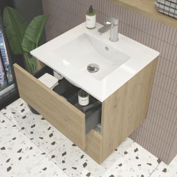 Newland  Double Drawer Wall-Mounted Vanity Unit with Basin Effect Natural Oak 600mm x 450mm x 540mm