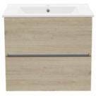 Newland  Double Drawer Wall-Mounted Vanity Unit with Basin Effect Natural Oak 600mm x 450mm x 540mm
