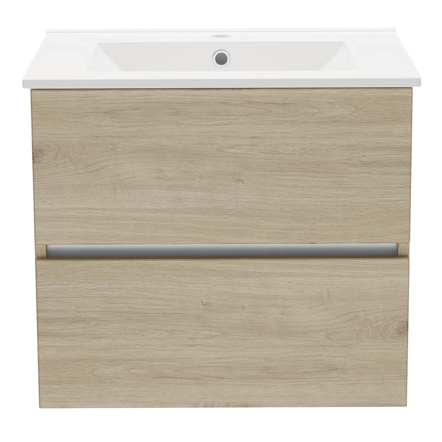 Newland Double Drawer Wall-Mounted Vanity Unit with Basin Effect Natural Oak 600mm x 450mm x 540mm (265RN)
