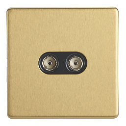Contactum Lyric 2-Gang Female Coaxial TV Socket Brushed Brass with Black Inserts