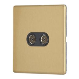 Contactum Lyric 2-Gang Female Coaxial TV Socket Brushed Brass with Black Inserts