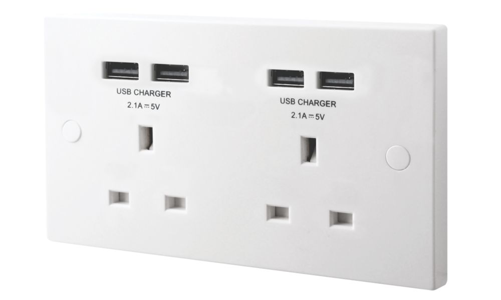 British General 900 Series 13A 2-Gang Unswitched Socket + 4.2A 10.5W 4-Outlet Type A USB Charger White