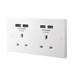 British General 900 Series 13A 2-Gang Unswitched Socket + 4.2A 10.5W 4-Outlet Type A USB Charger White