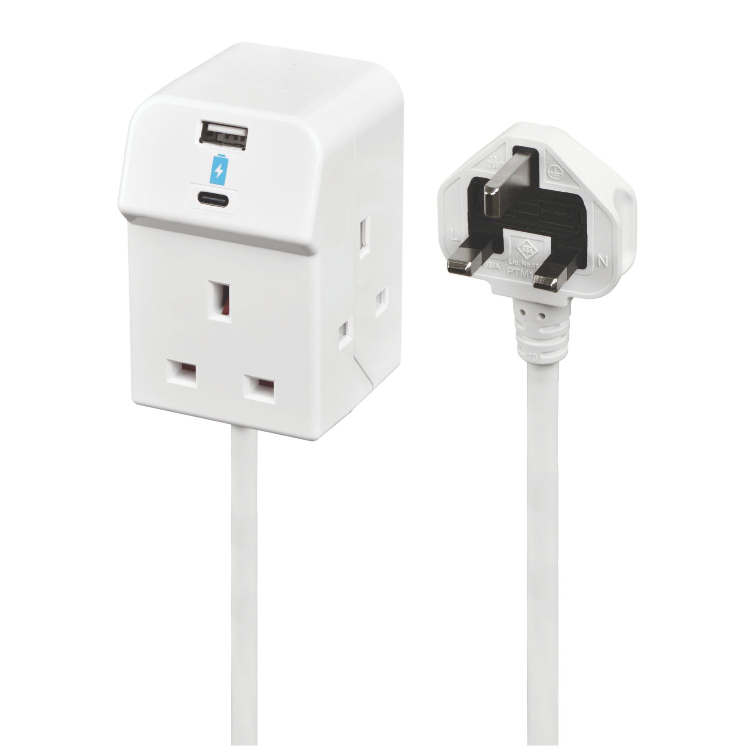 Masterplug 13A 3-Gang Unswitched Extension Lead + 2.1A 2-Outlet Type A & C USB Charger White 2m (267CH)