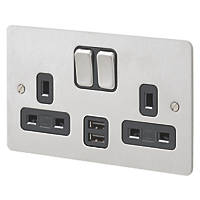 MK Edge 13A 2-Gang DP Switched Socket + 2A 2-Outlet Type A USB Charger Brushed Stainless Steel with Black Inserts