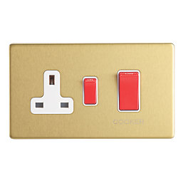 Contactum Lyric 45A 2-Gang DP Cooker Switch & 13A DP Switched Socket Brushed Brass  with White Inserts