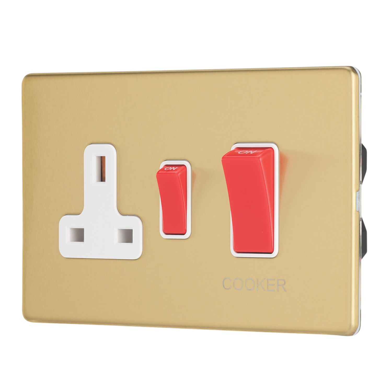 Contactum Lyric 45A 2-Gang DP Cooker Switch & 13A DP Switched Socket Brushed Brass with White Inserts (268RP)