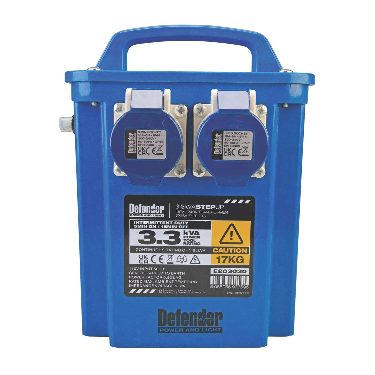 Defender 3.3kVA Intermittent Step-Up Transformer 110V/230V Blue (268XX)