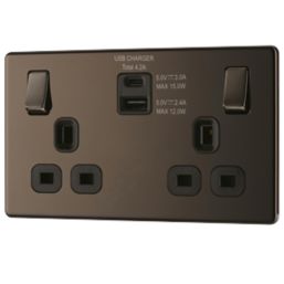 LAP  13A 2-Gang DP Switched Socket + 4.2A 2-Outlet Type A & C USB Charger Black Nickel with Black Inserts