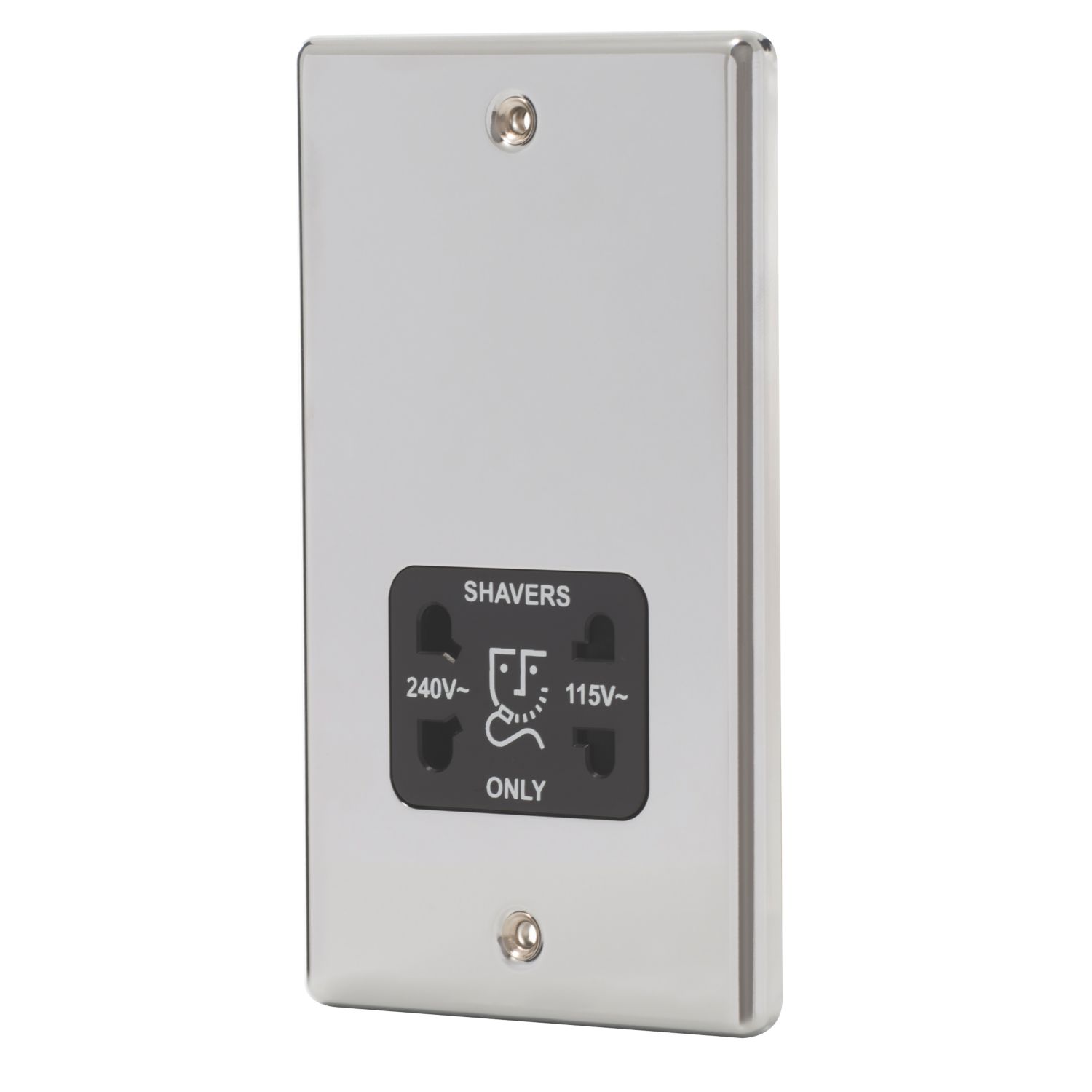 LAP 2-Gang Dual Voltage Shaver Socket 115 / 230V Polished Chrome with Black Inserts (27040)