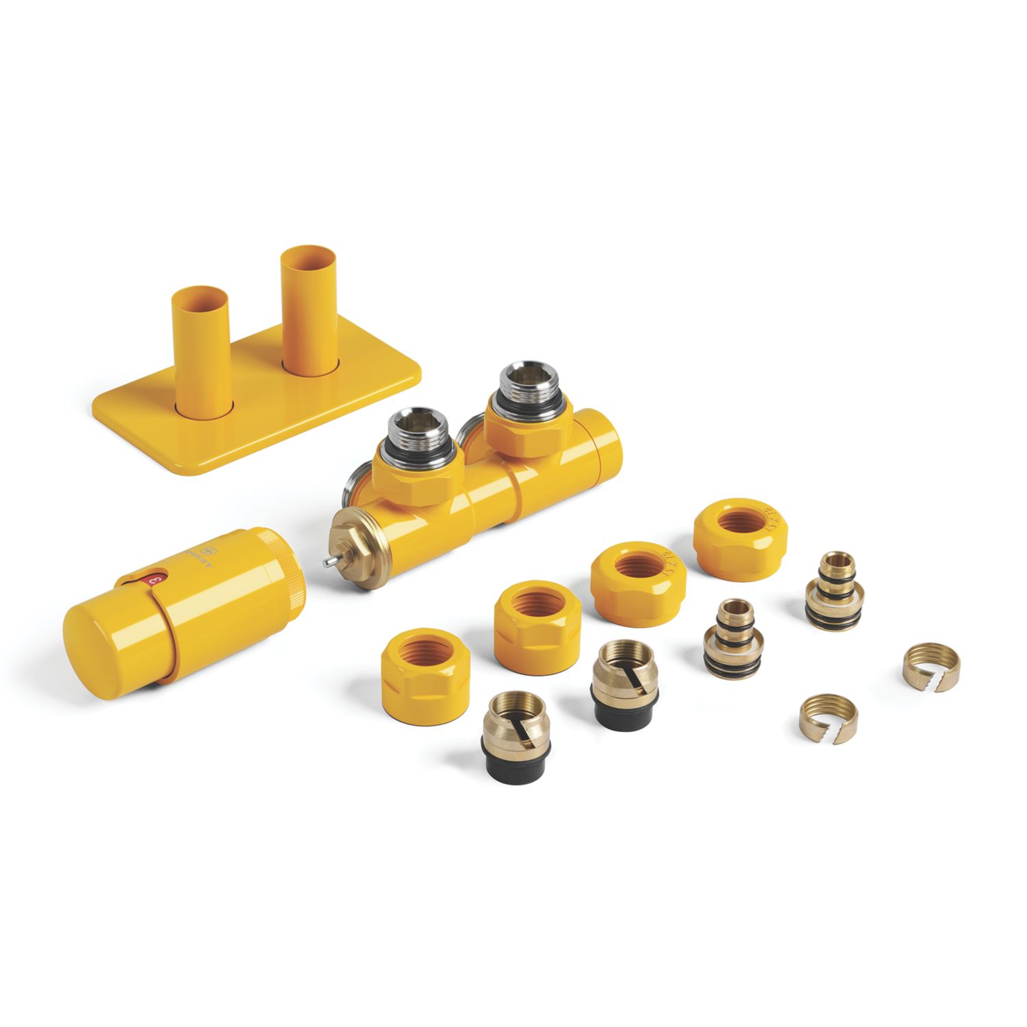 Terma Twins All-in-One Integrated Mustard 50mm Designer Angled H Block Left Thermostatic Radiator Valve & Lockshield (271RH)