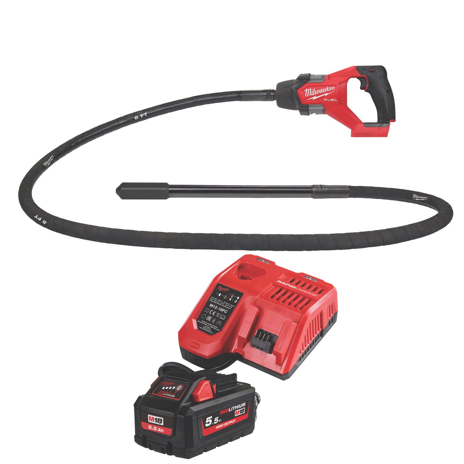 Milwaukee M18 FCVN24-551 FUEL 18V 1 x 5.5Ah Li-Ion RedLithium High Output Brushless Cordless Needle Concrete Vibrating Poker 2.4m (272GE)