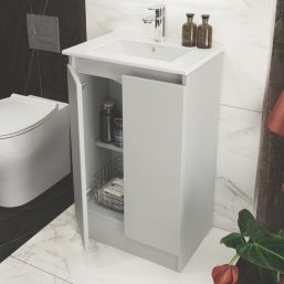 Newland  Double Door Floor Standing Vanity Unit with Basin Matt Pearl Grey 500mm x 370mm x 840mm