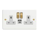 Varilight  13A 2-Gang SP Switched Socket + 4A 20W 2-Outlet Type A & C USB Charger Chalk White with White Inserts
