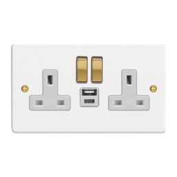 Varilight  13A 2-Gang SP Switched Socket + 4A 20W 2-Outlet Type A & C USB Charger Chalk White with White Inserts