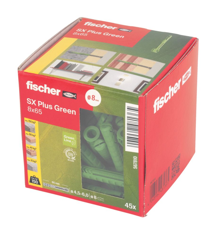 Fischer SX PLUS Nylon Green Wall Plugs 8mm x 65mm 45 Pack - Screwfix