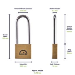 Squire LN4S/2.5 Brass  All-Weather Long Shackle  Marine Padlock 39.5mm