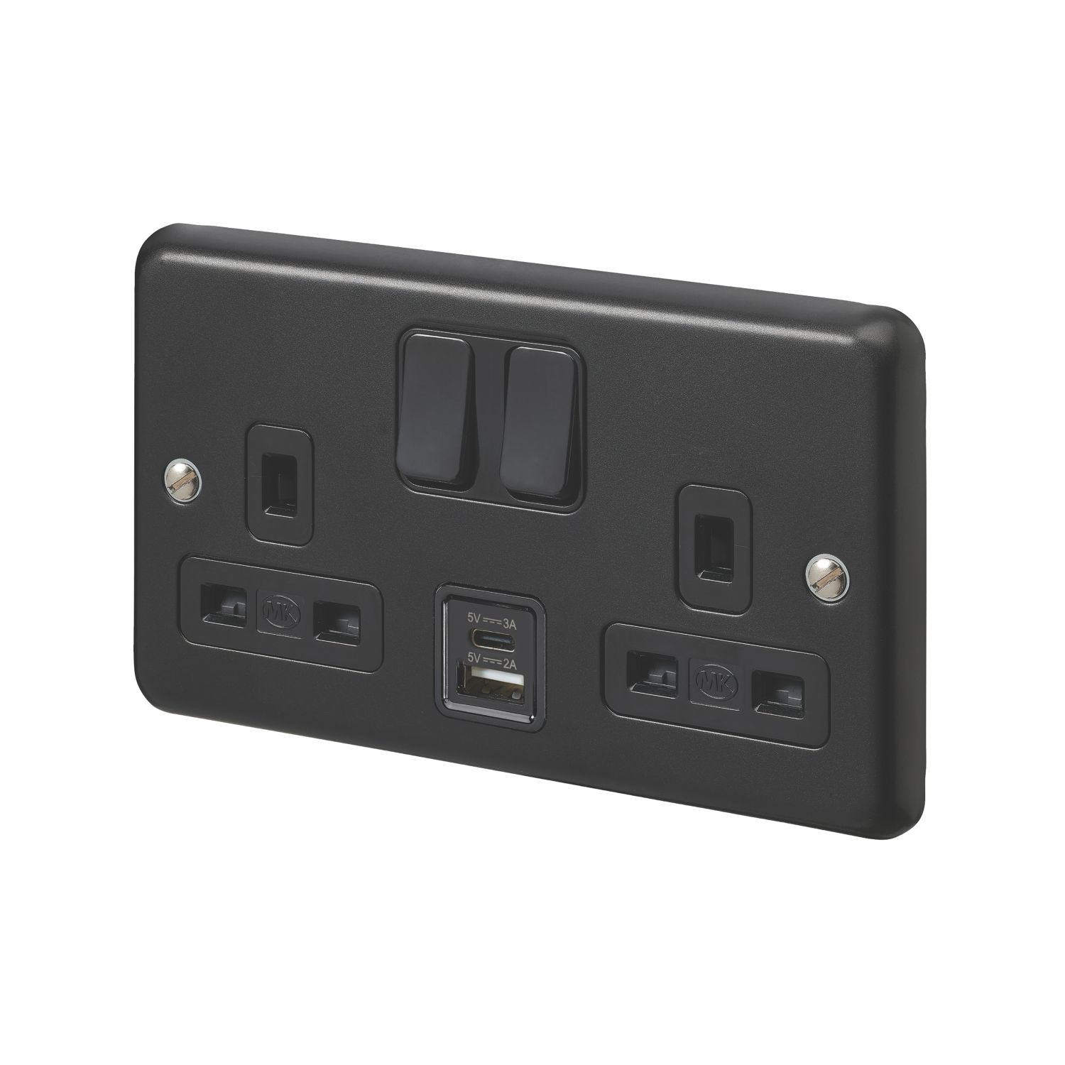 MK Contoura 13A 2-Gang DP Switched Socket + 3A 15.5W 2-Outlet Type A & C USB Charger Black with Colour-Matched Inserts (275RG)