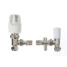 Drayton RT414 15mm x 1/2" White Angled & L/S Traditional Thermostatic Radiator Valve & Lockshield With Drain Off