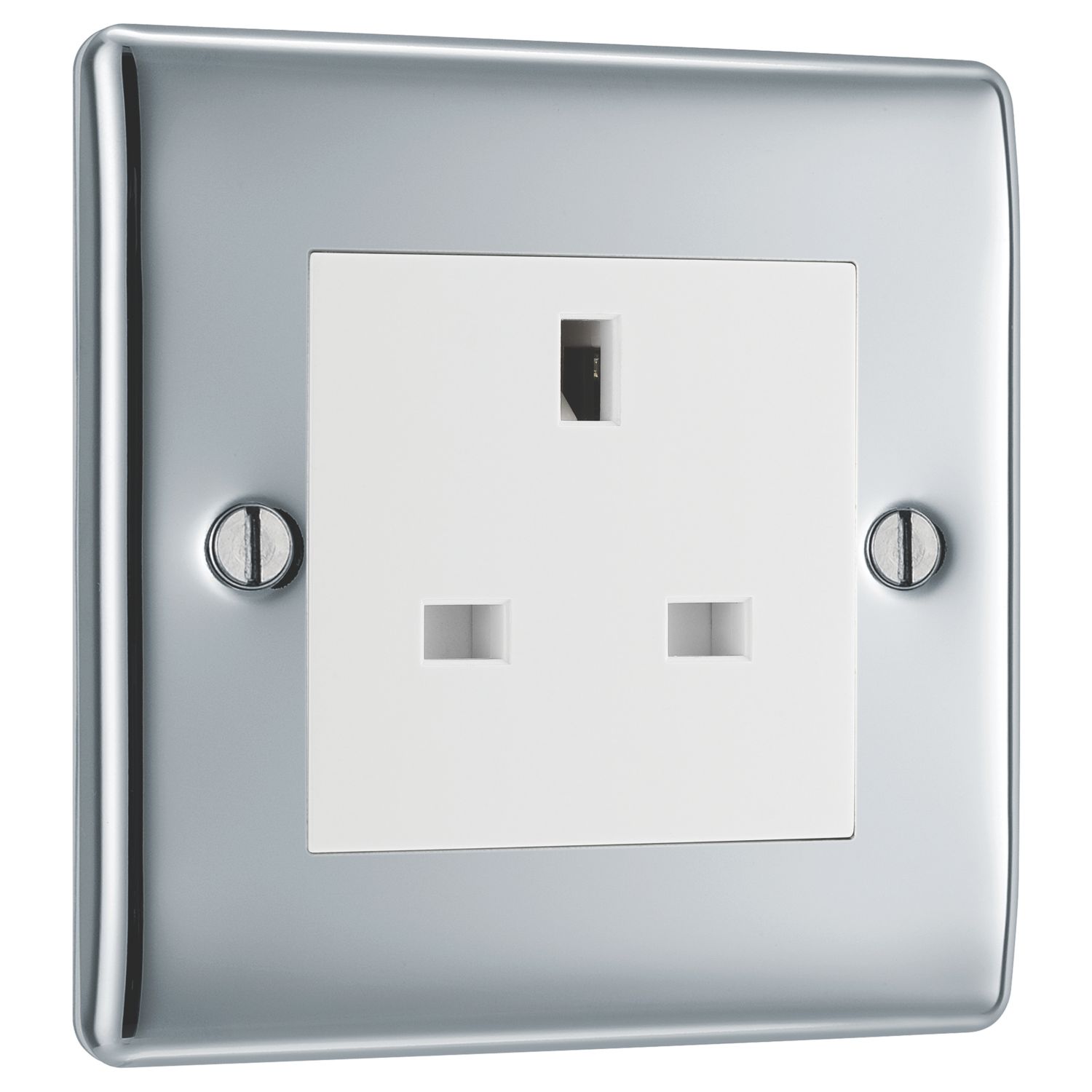 British General Nexus Metal 13A 1-Gang Unswitched Socket Polished Chrome with White Inserts (278XG)
