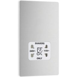 British General Evolve 2-Gang Dual Voltage Shaver Socket 115/240V Brushed Steel with White Inserts