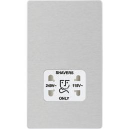 British General Evolve 2-Gang Dual Voltage Shaver Socket 115/240V Brushed Steel with White Inserts