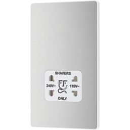 British General Evolve 2-Gang Dual Voltage Shaver Socket 115/240V Brushed Steel with White Inserts